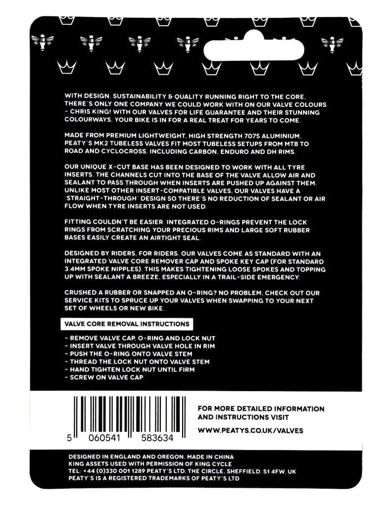Supapă tubeless PEATY'S  X chris king (mk2) black tubeless valves - 80mm (ptv2-80-blk-12)